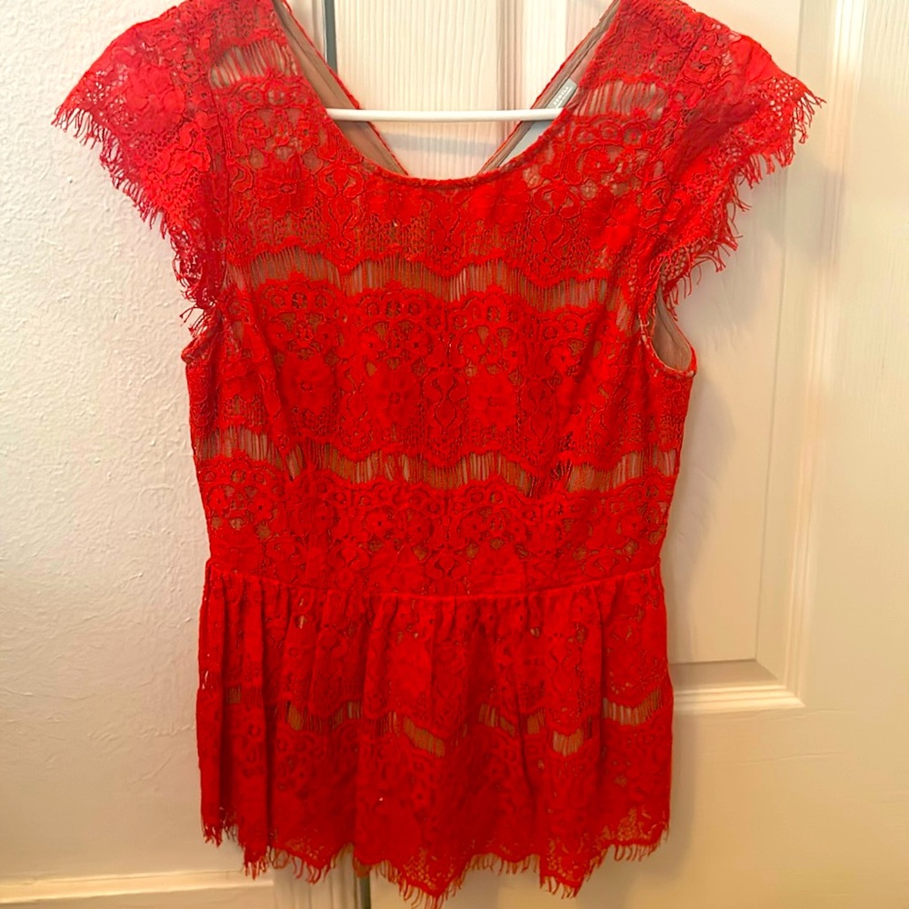 Maeve red-orange lace peplum top, size XS